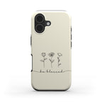 Christliche Handyhülle in Cremeweiß mit BE BLESSED Text und drei Blumen im minimalistischen Design – Vorderseite
