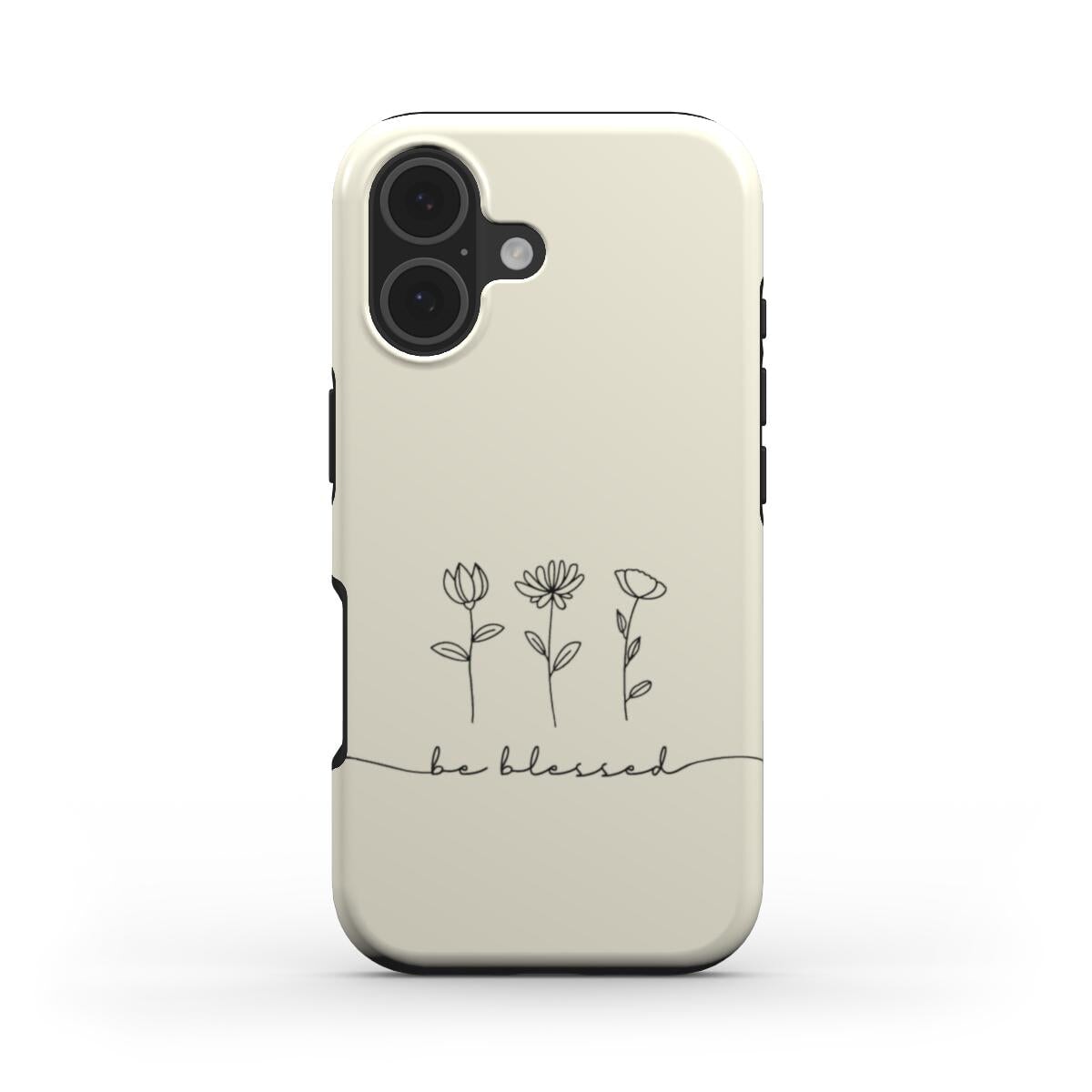Christliche Handyhülle in Cremeweiß mit BE BLESSED Text und drei Blumen im minimalistischen Design – Vorderseite