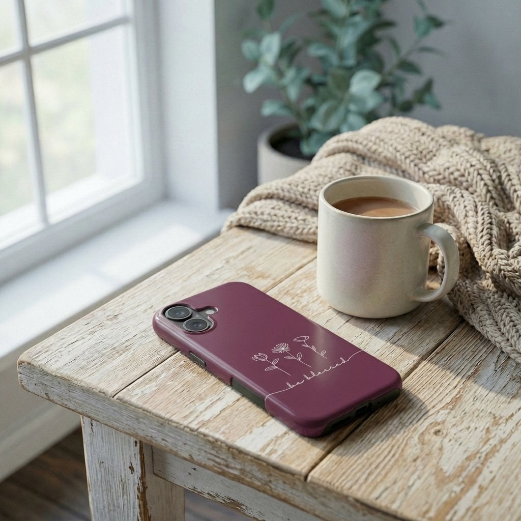 Robuste Handyhülle BE BLESSED in Beere auf Holztisch neben Kaffeetasse und Strick – Lifestyle