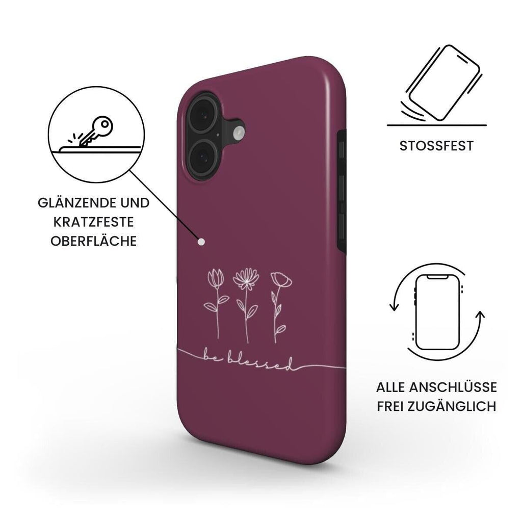 Robuste Handyhülle BE BLESSED in Beere mit minimalistischem Blumen-Design – Produktfoto