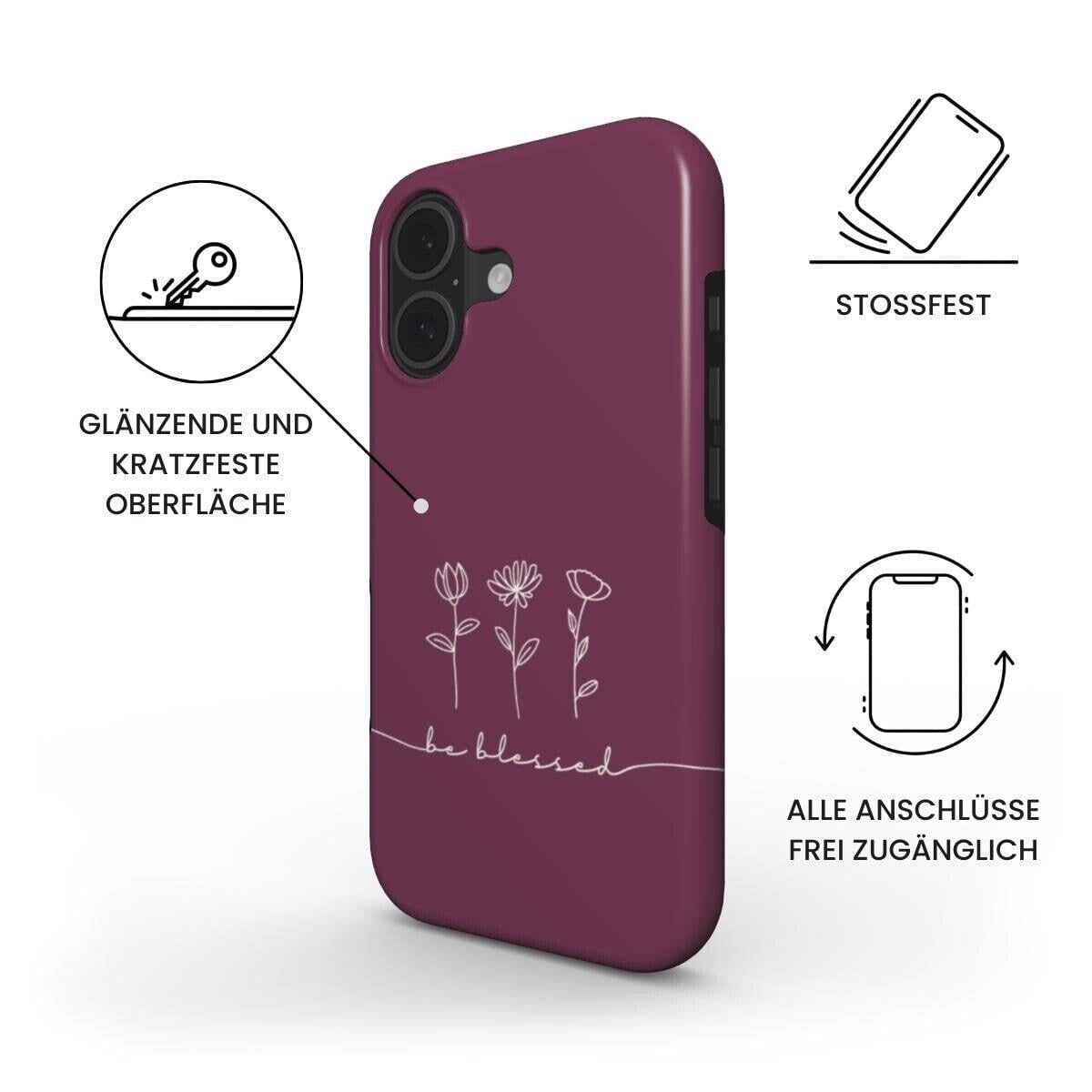 Robuste Handyhülle BE BLESSED in Beere mit minimalistischem Blumen-Design – Produktfoto