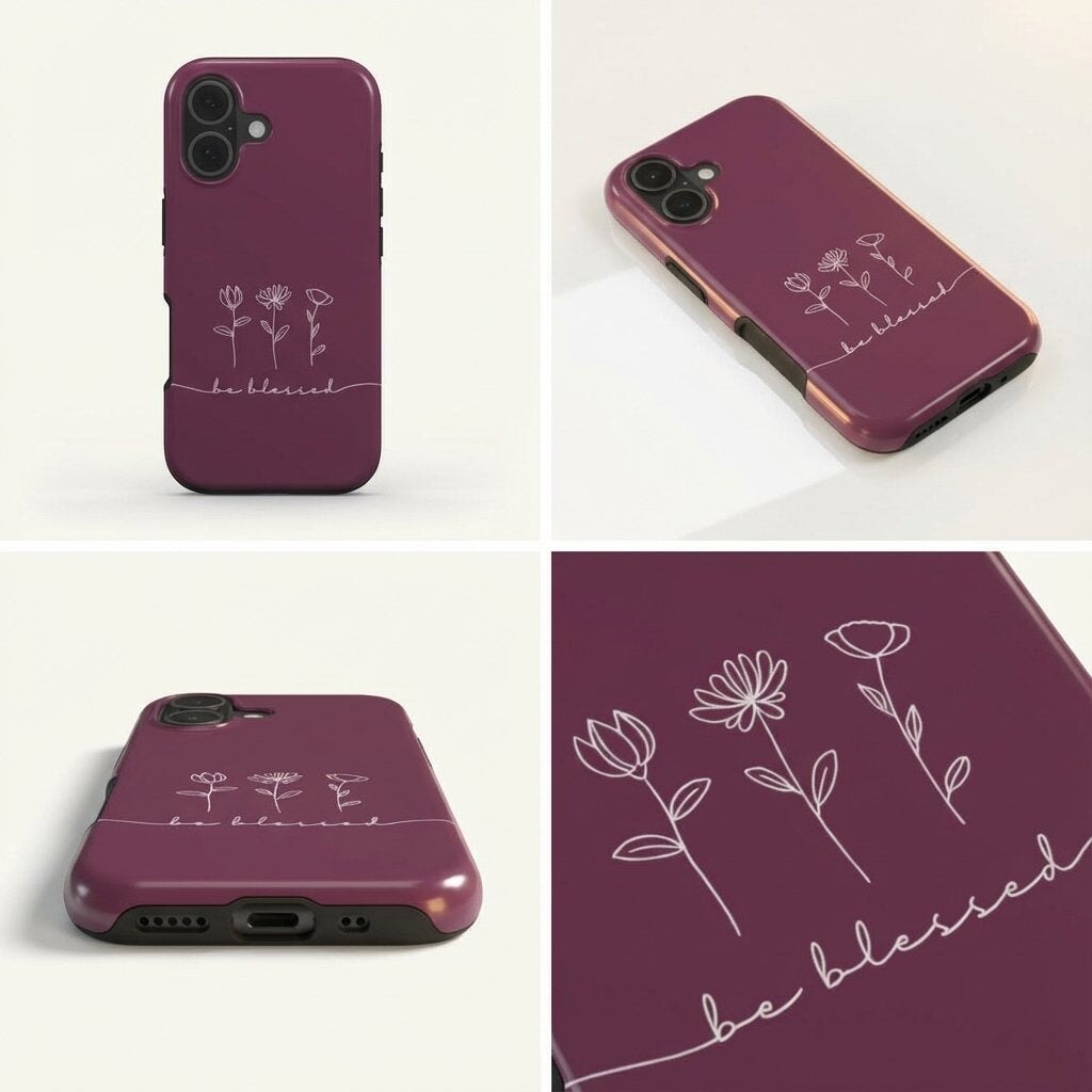 Hochwertige Handyhülle BE BLESSED in tiefem Beerenrot mit weißem Blumen-Design – Produktfoto