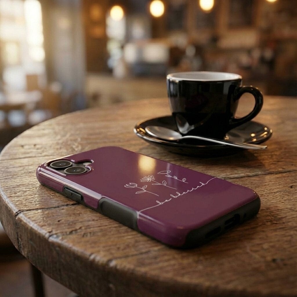 Handyhülle mit Motiv BE BLESSED in Beere mit weißer Blumenverzierung auf Holztisch neben Kaffeetasse – Lifestyle