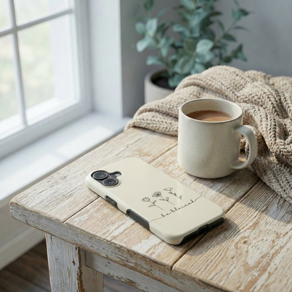 Handyhülle Glaube BE BLESSED in Cremeweiß auf rustikalem Holztisch neben Kaffeetasse und Strickdecke – Lifestyle