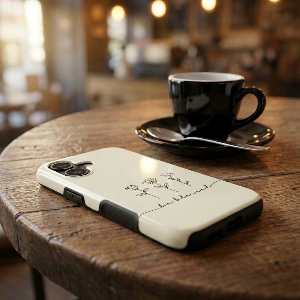 Handyhülle mit Motiv BE BLESSED in Cremeweiß auf Holztisch neben schwarzer Kaffeetasse – Lifestyle