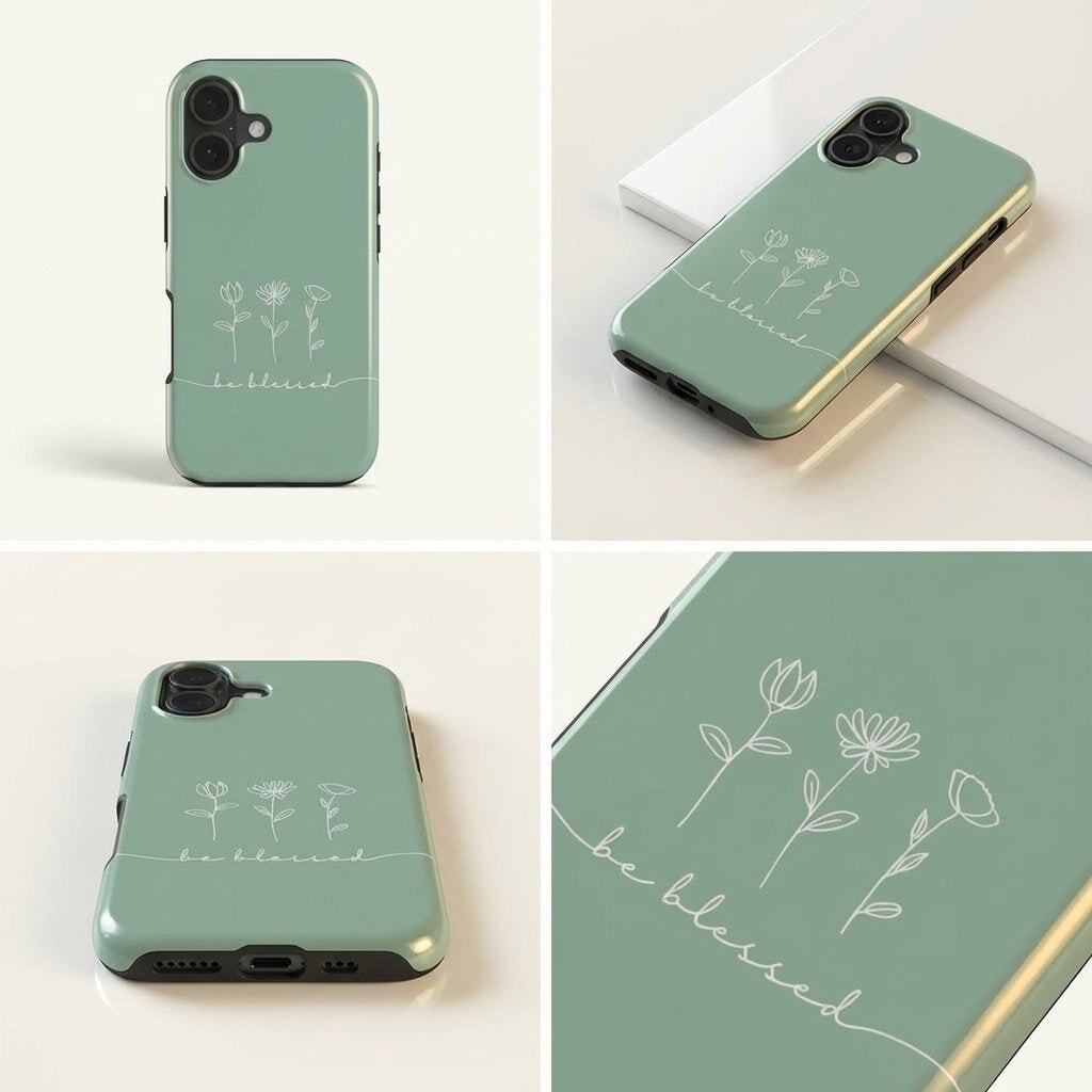 Handyhülle mit Motiv BE BLESSED in Eukalyptus mit weißen Blumen und Schriftzug, vier Ansichten