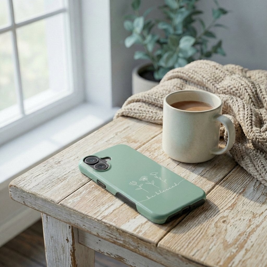 Handyhülle Glaube BE BLESSED in Eukalyptus mit weißem Blütenmotiv auf Holztisch neben Kaffeetasse, Lifestyle