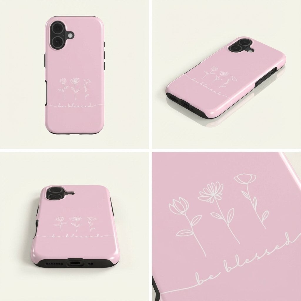 Hochwertige Handyhülle in Rosa mit weißen Blumen und BE BLESSED Schriftzug – Produktmockup