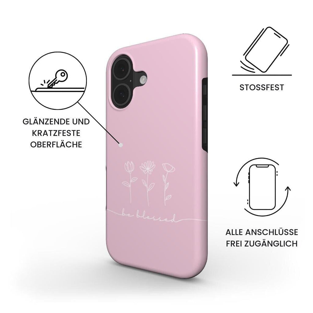 Robuste Handyhülle BE BLESSED in Rosa mit Blumenmotiv und deutschen Feature-Icons – Infografik