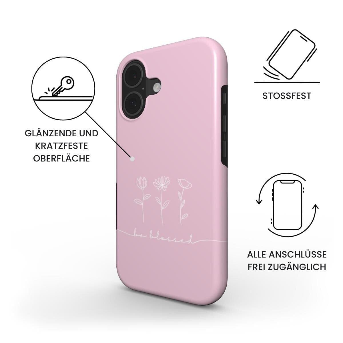 Robuste Handyhülle BE BLESSED in Rosa mit Blumenmotiv und deutschen Feature-Icons – Infografik