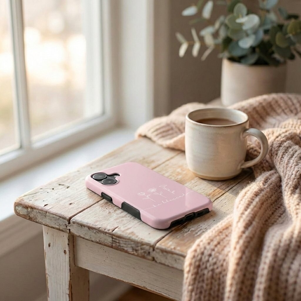 Robuste Handyhülle BE BLESSED in Rosa neben Kaffeetasse und Strickdecke auf rustikalem Holztisch – Lifestyle