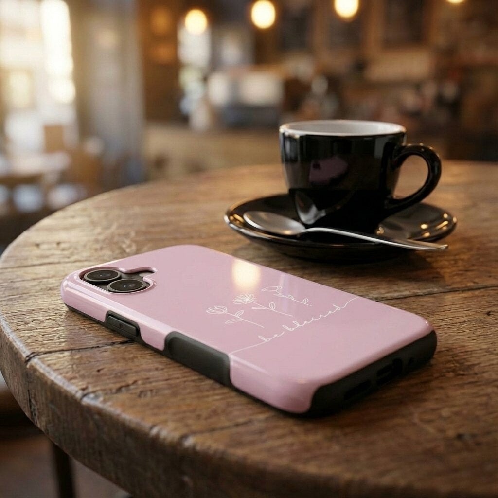Handyhülle mit Motiv BE BLESSED in rosa liegt auf rustikalem Holztisch neben Kaffeetasse – Lifestyle