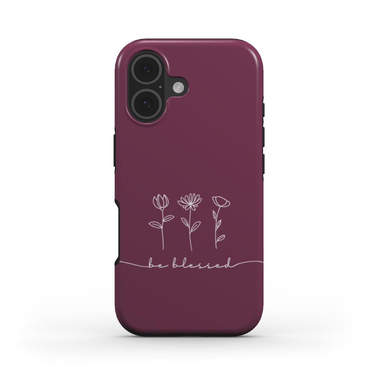 Christliche Handyhülle BE BLESSED in burgundy/maroon mit drei Blumen und Schriftzug – Vorderseite