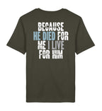 BECAUSE HE DIED STREETWEAR SHIRT BACKPRINT Creator T-Shirt 2.0 ST/ST Shirtee Erdfarben XS 