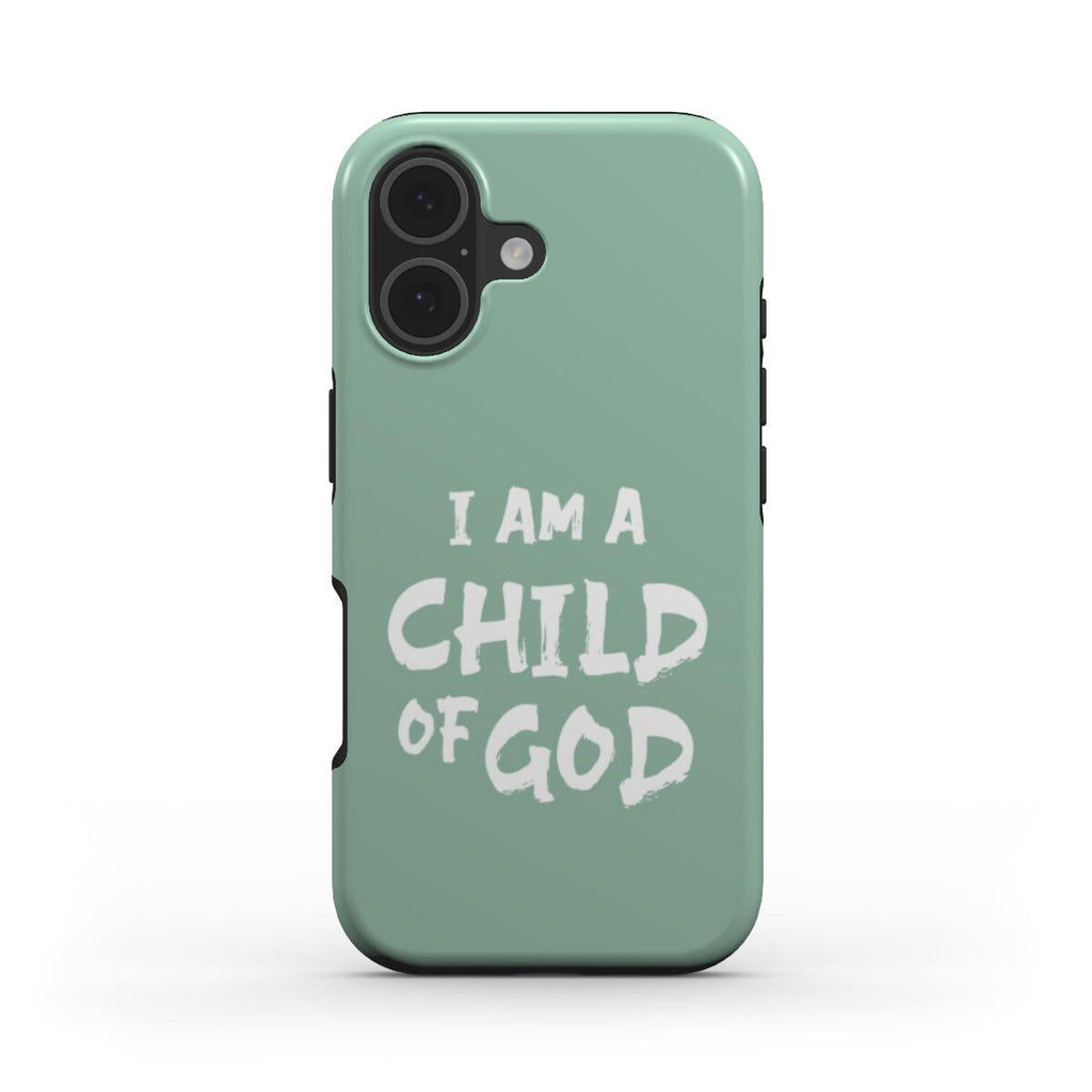 Christliche Handyhülle in Eukalyptus mit weißem Text I am a Child of God – Vorderseite