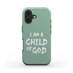 Christliche Handyhülle in Eukalyptus mit weißem Text I am a Child of God – Vorderseite