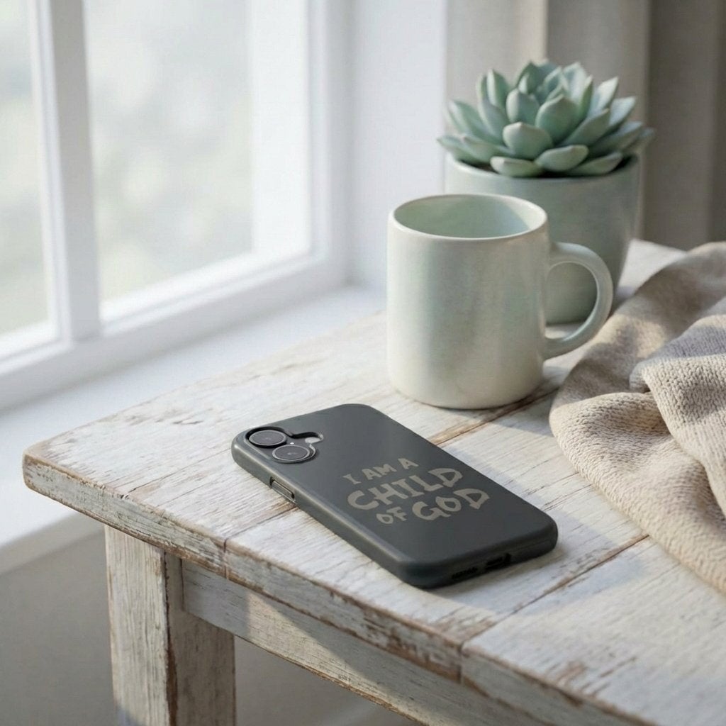 Handyhülle Glaube mit I AM A CHILD OF GOD Text in anthrazit auf Holztisch neben Tasse und Sukkulente – Lifestyle