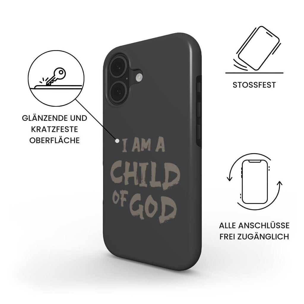 Robuste Handyhülle I AM A CHILD OF GOD in anthrazit mit deutschen Produktinfos – Infografik