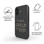 Robuste Handyhülle I AM A CHILD OF GOD in anthrazit mit deutschen Produktinfos – Infografik