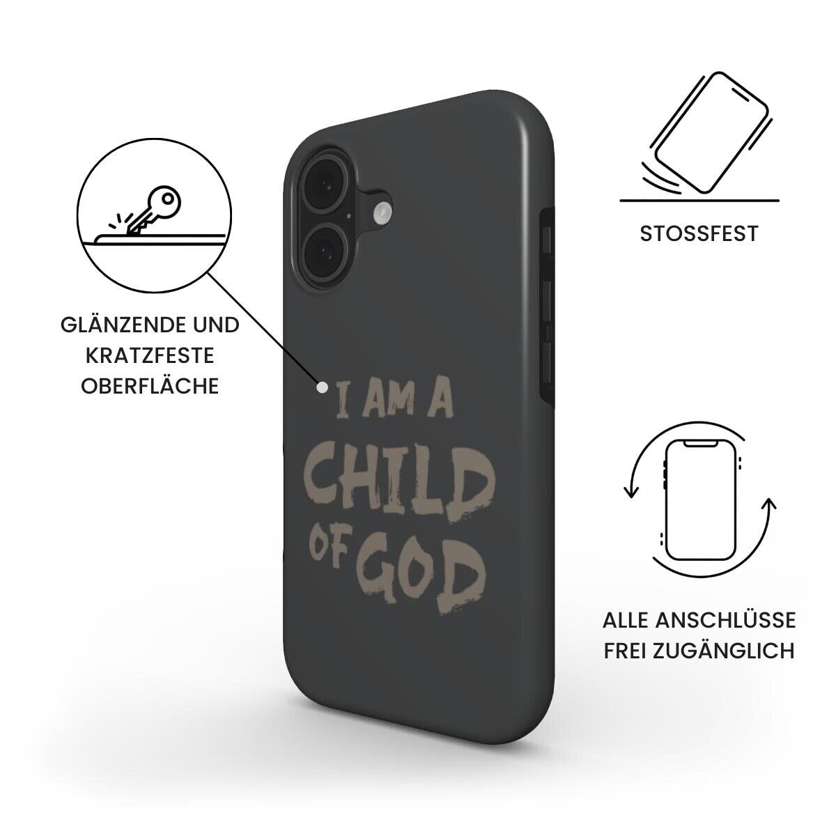 Robuste Handyhülle I AM A CHILD OF GOD in anthrazit mit deutschen Produktinfos – Infografik