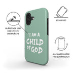 Robuste Handyhülle I AM A CHILD OF GOD in Sage Green mit Produkteigenschaften – Infografik