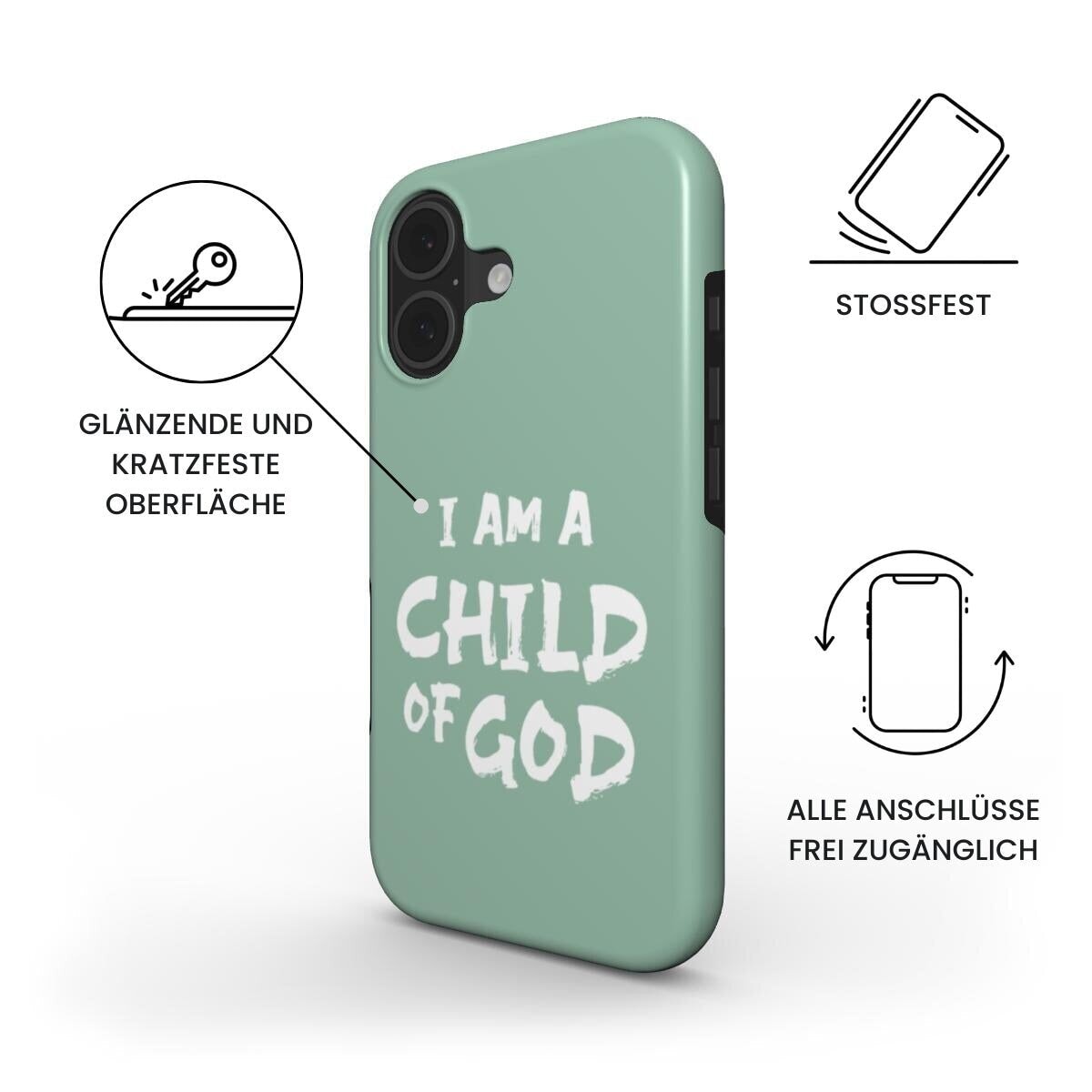 Robuste Handyhülle I AM A CHILD OF GOD in Sage Green mit Produkteigenschaften – Infografik