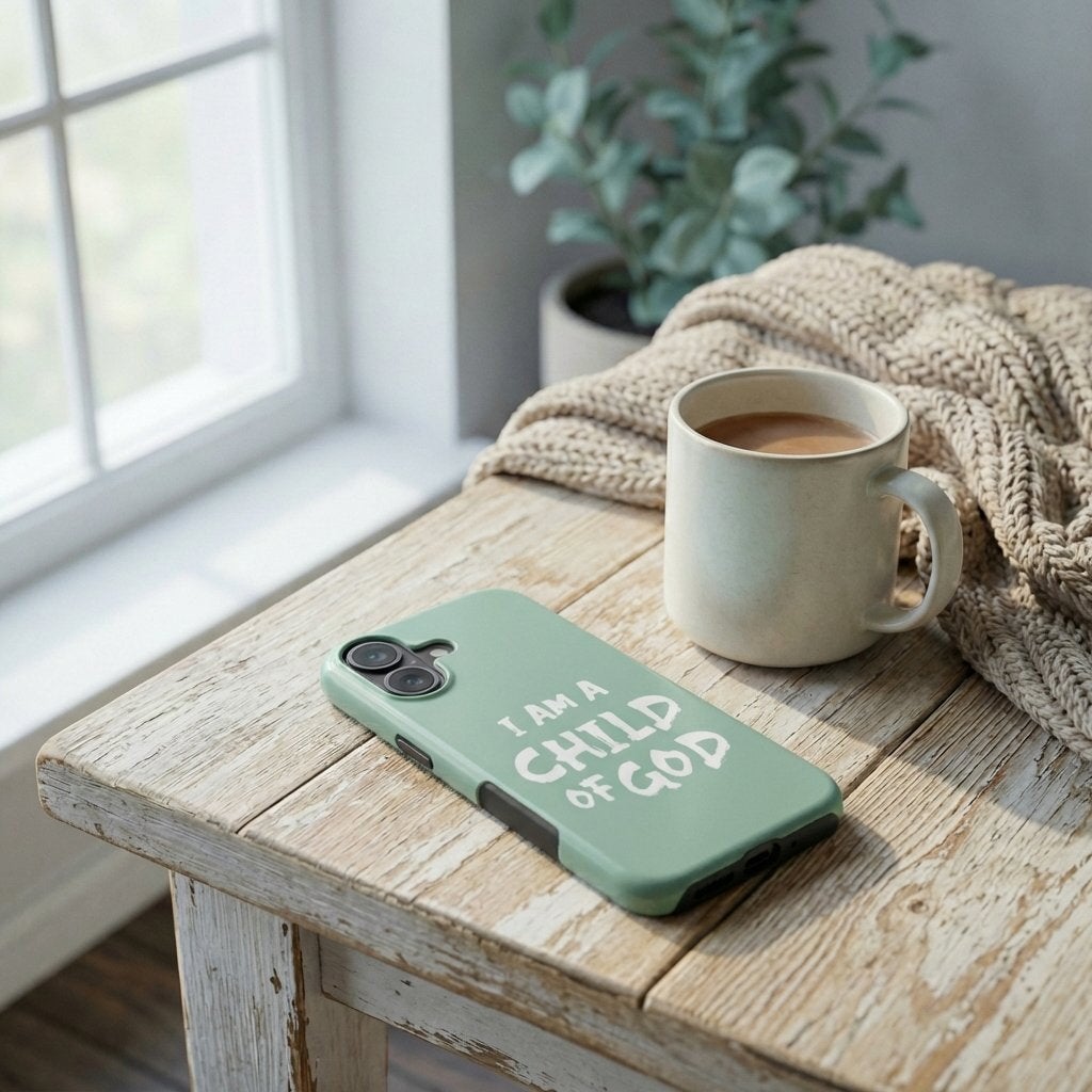 Handyhülle Glaube mit Text I AM A CHILD OF GOD auf eukalyptusgrüner Hülle neben Kaffeetasse – Lifestyle