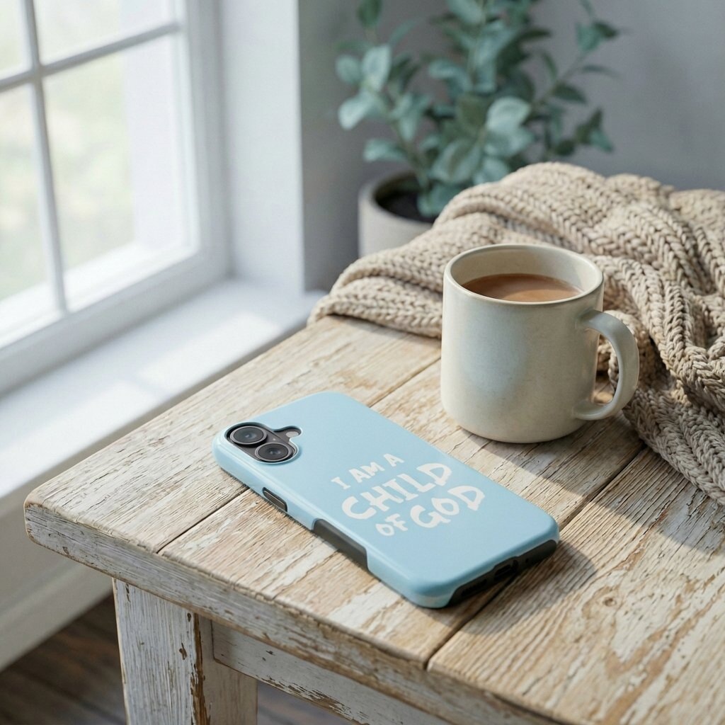 Handyhülle Glaube I AM A CHILD OF GOD in hellblau auf Holztisch mit Kaffeetasse und Strickdecke – Lifestyle