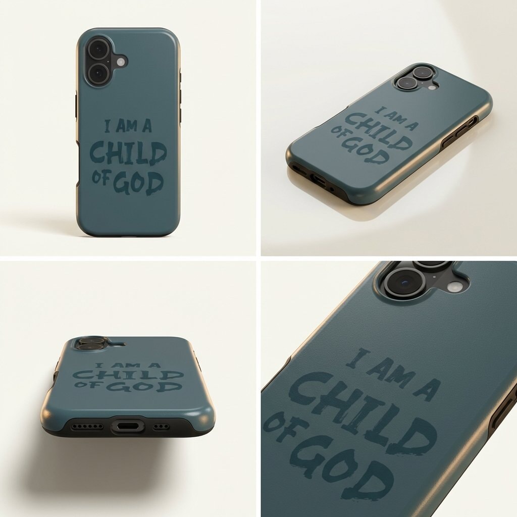 Hochwertige Handyhülle I am a Child of God in Petrol mit vier Ansichten – Produktdisplay