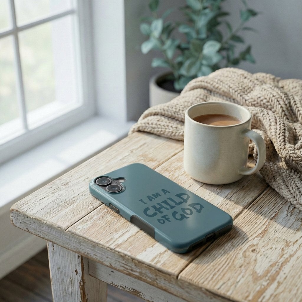 Handyhülle Glaube mit I am a Child of God in Petrol auf Holztisch neben Kaffeetasse und Decke – Lifestyle