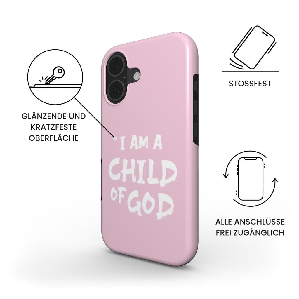 Robuste Handyhülle rosa mit I am a Child of God Aufdruck in weiß, zeigt Features wie Stoßfestigkeit – Infografik
