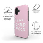 Robuste Handyhülle rosa mit I am a Child of God Aufdruck in weiß, zeigt Features wie Stoßfestigkeit – Infografik