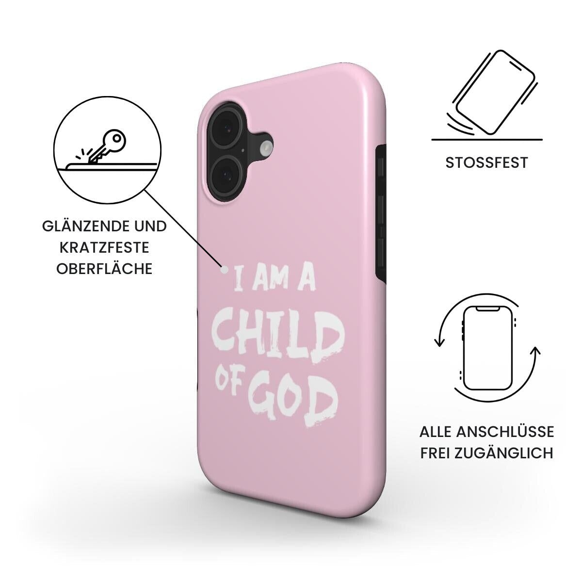 Robuste Handyhülle rosa mit I am a Child of God Aufdruck in weiß, zeigt Features wie Stoßfestigkeit – Infografik