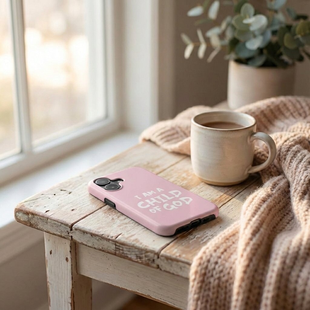 Robuste Handyhülle in Rosa mit Text I AM A CHILD OF GOD neben Kaffeetasse und Pflanze – Lifestyle