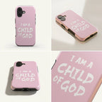 Hochwertige Handyhülle in Rosa mit weißem Text I am a Child of God – Produktansicht