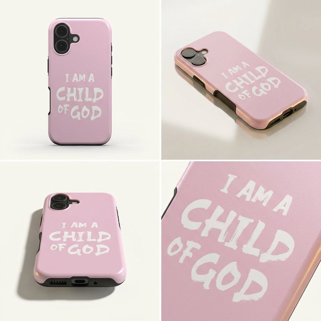 Hochwertige Handyhülle in Rosa mit weißem Text I am a Child of God – Produktansicht