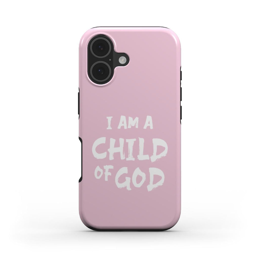 Christliche Handyhülle in Rosa mit weißem Text I AM A CHILD OF GOD auf weißem Hintergrund – Vorderseite