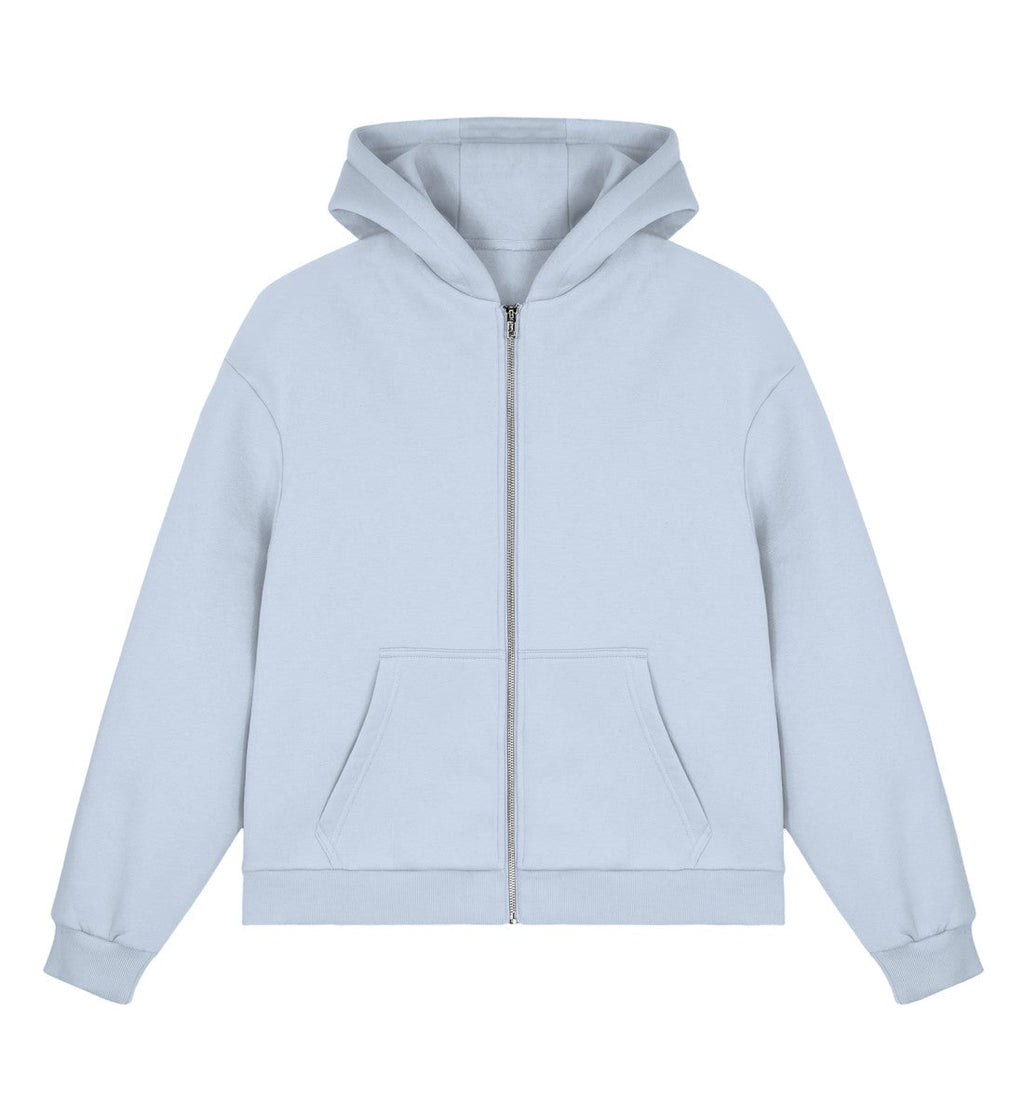 Christlicher Boxcut Zipper I AM A CHILD OF GOD in Pastellblau, Vorderansicht, 70% Bio-Baumwolle