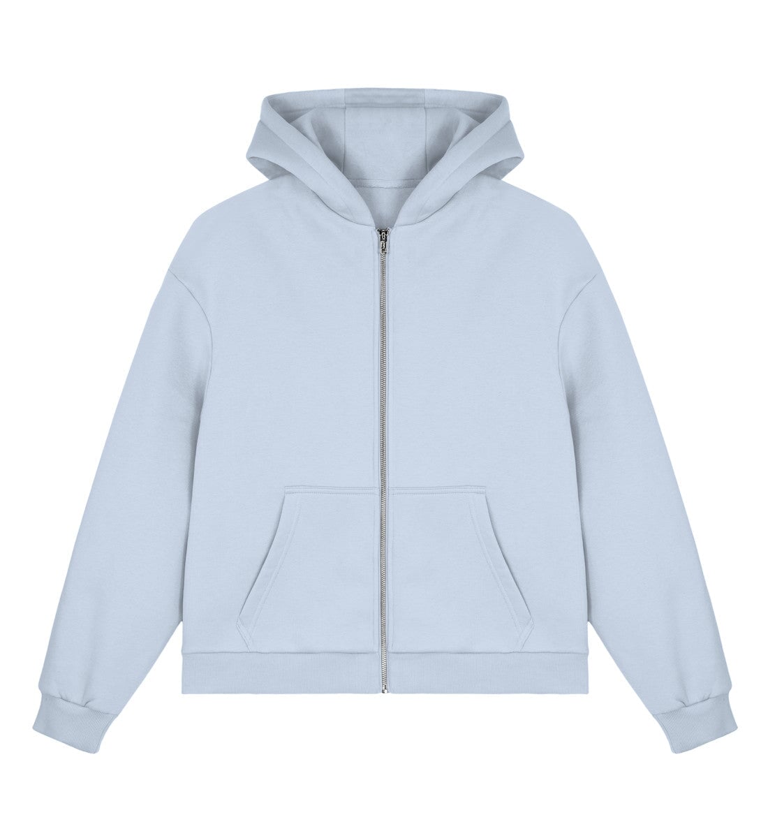 Christlicher Boxcut Zipper I AM A CHILD OF GOD in Pastellblau, Vorderansicht, 70% Bio-Baumwolle