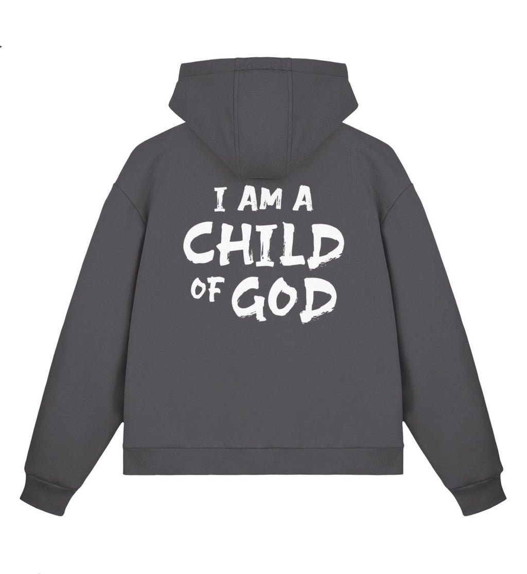 Christlicher Boxcut Zipper I AM A CHILD OF GOD in Anthrazit, Rückansicht mit Rückenprint, 70% Bio-Baumwolle