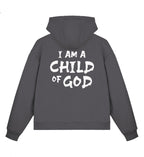 Christlicher Boxcut Zipper I AM A CHILD OF GOD in Anthrazit, Rückansicht mit Rückenprint, 70% Bio-Baumwolle