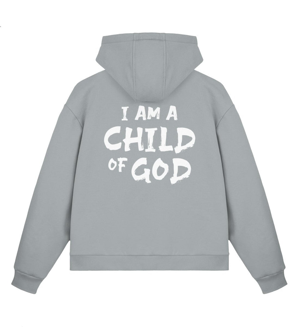 Christlicher Boxcut Zipper I AM A CHILD OF GOD in Aschgrau, Rückansicht mit Rückenprint, 70% Bio-Baumwolle