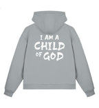 Christlicher Boxcut Zipper I AM A CHILD OF GOD in Aschgrau, Rückansicht mit Rückenprint, 70% Bio-Baumwolle