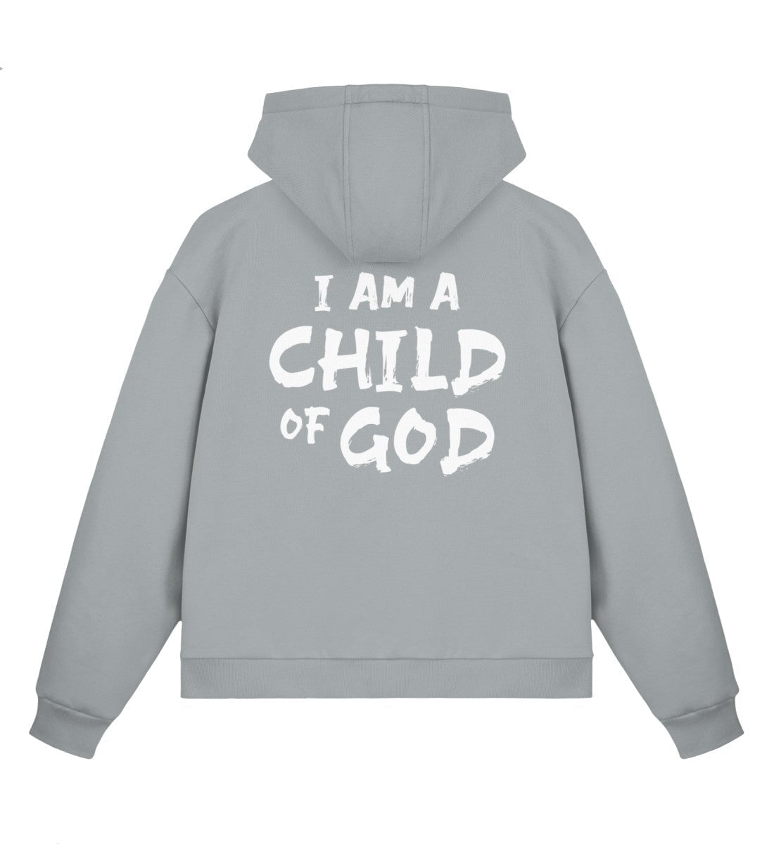 Christlicher Boxcut Zipper I AM A CHILD OF GOD in Aschgrau, Rückansicht mit Rückenprint, 70% Bio-Baumwolle