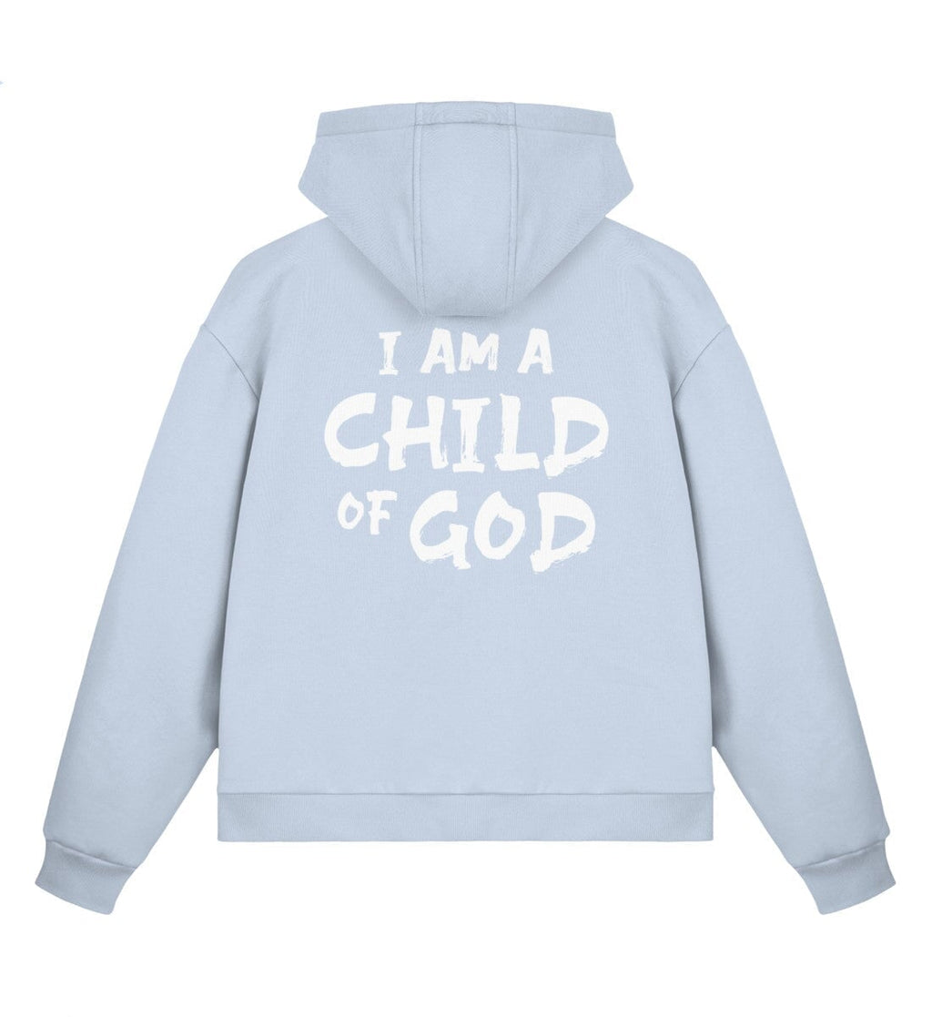 Christlicher Boxcut Zipper I AM A CHILD OF GOD in Pastellblau, Rückansicht mit Rückenprint, 70% Bio-Baumwolle