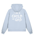 Christlicher Boxcut Zipper I AM A CHILD OF GOD in Pastellblau, Rückansicht mit Rückenprint, 70% Bio-Baumwolle