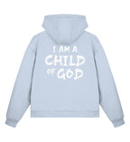Christlicher Boxcut Zipper I AM A CHILD OF GOD in Pastellblau, Rückansicht mit Rückenprint, 70% Bio-Baumwolle