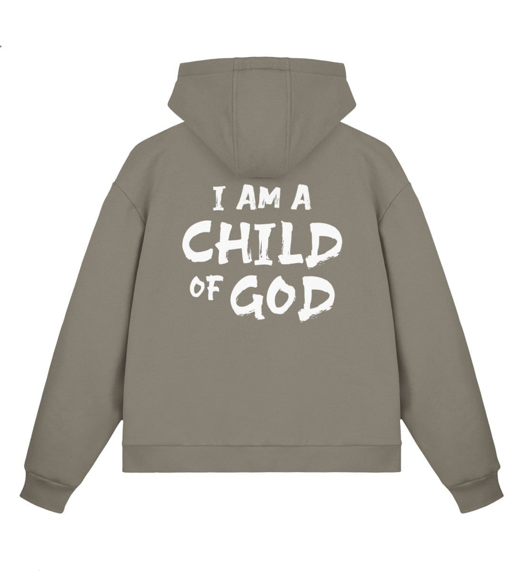 Christlicher Boxcut Zipper I AM A CHILD OF GOD in Sandgrau, Rückansicht mit Rückenprint, 70% Bio-Baumwolle