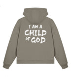 Christlicher Boxcut Zipper I AM A CHILD OF GOD in Sandgrau, Rückansicht mit Rückenprint, 70% Bio-Baumwolle