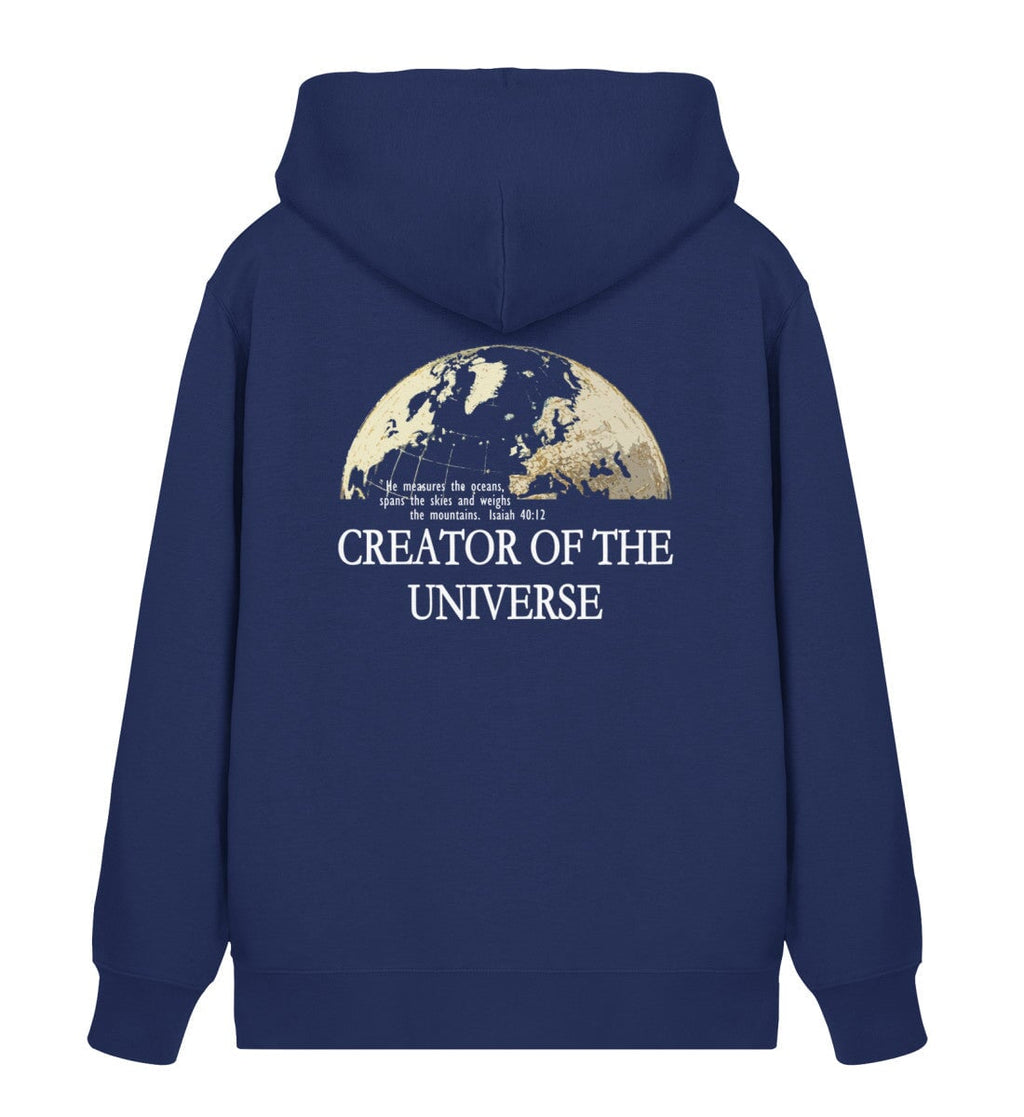 Christlicher Zipper CREATOR OF THE UNIVERSE in Dunkelblau, Rückansicht mit Rückenprint, 85% Bio-Baumwolle